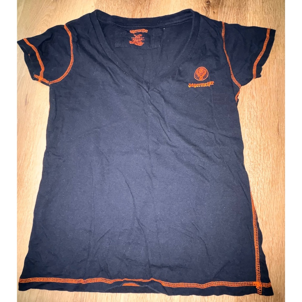 Jagermeister‎ Womens V-Neck T-Shirt Black Orange Contrast Stitch Cotton Size M/L